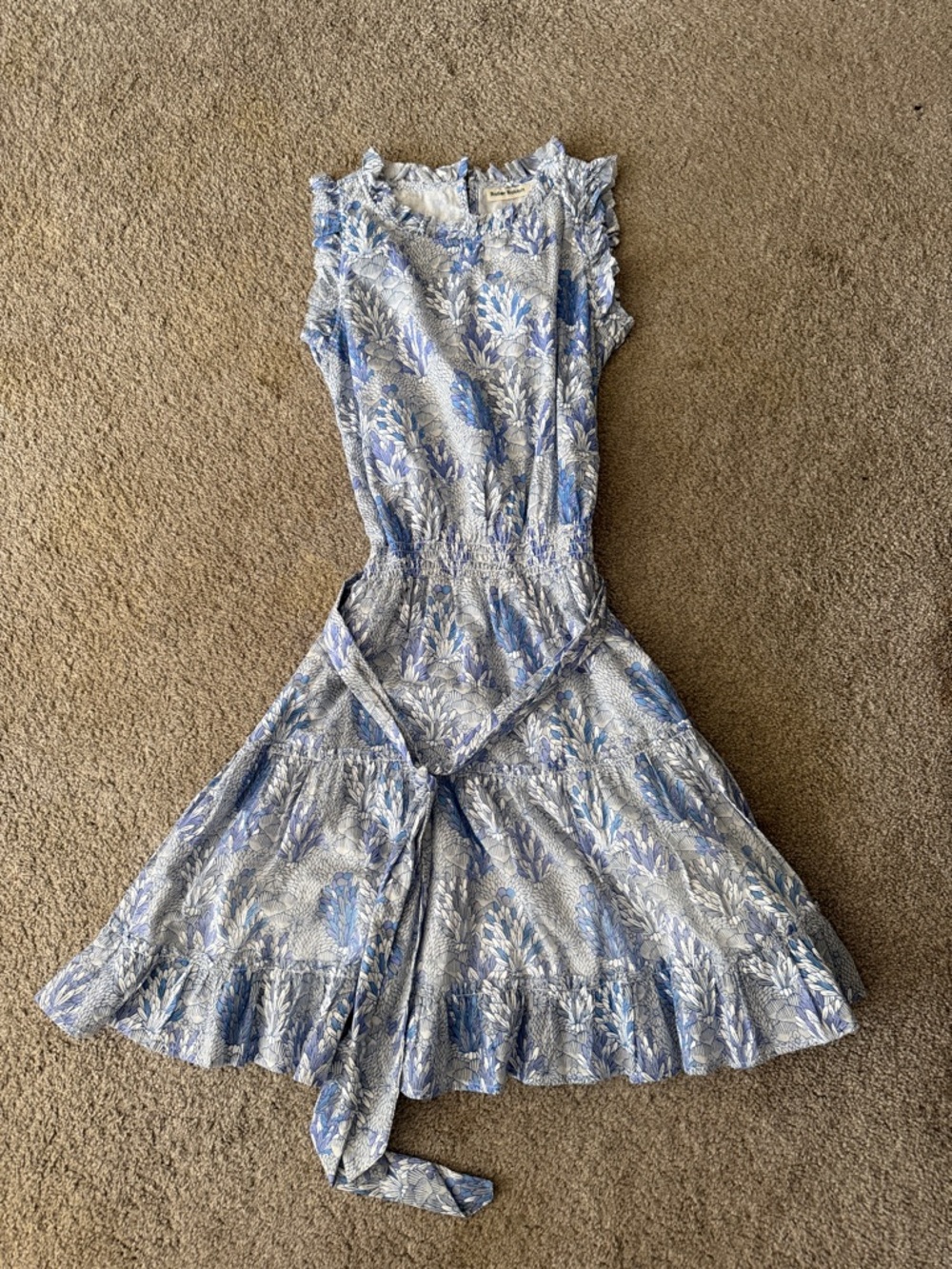 Roller Rabbit Blue Floral Ruffle-Trim Midi Dress with Tie Waist
